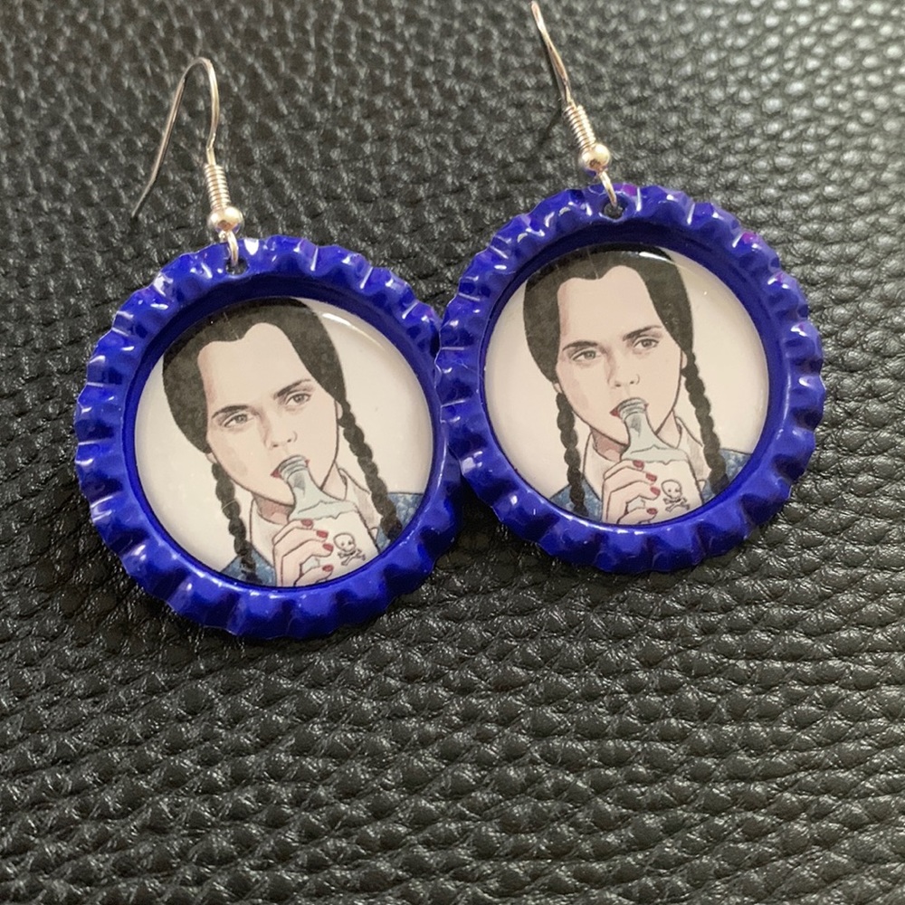 Wednesday Adams handcrafted bottle Cap Earrings.